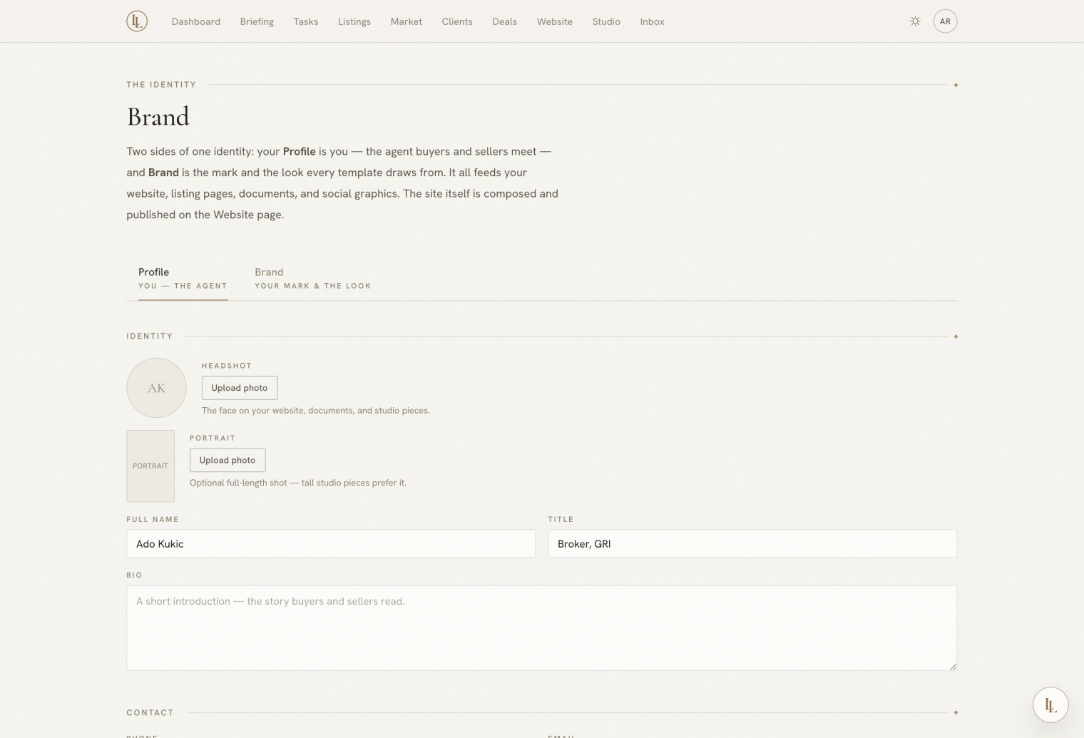 The brand page, on the Profile tab
