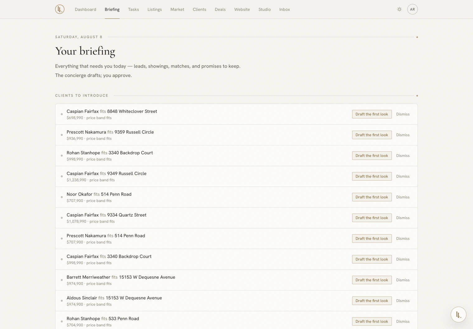 The briefing page, with sections for what needs attention today