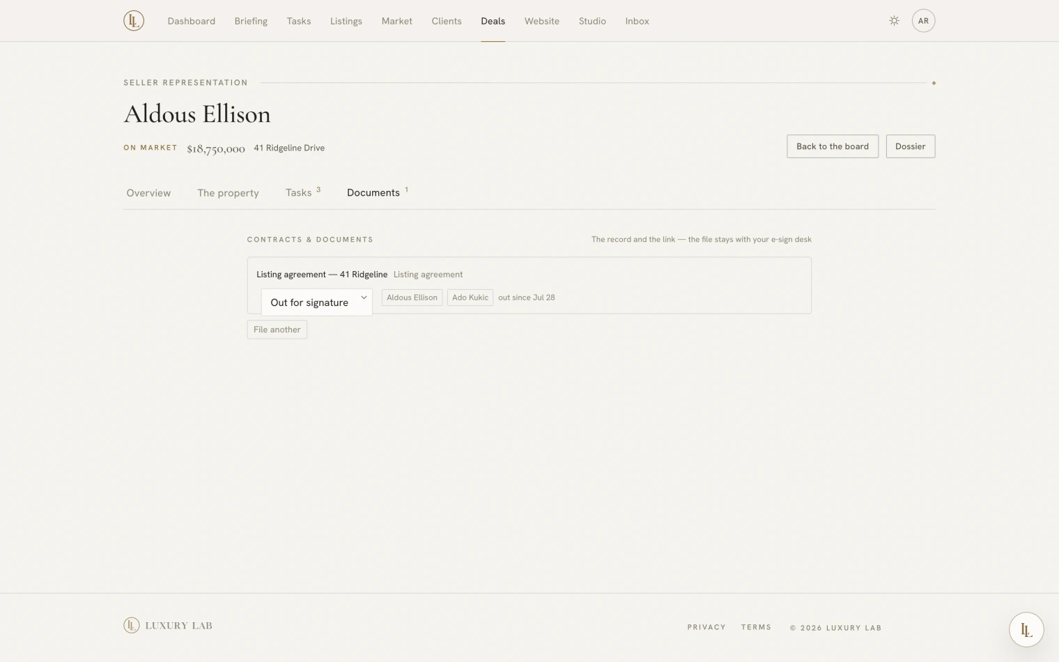 The documents tab: a listing agreement out for signature, with the two signers named