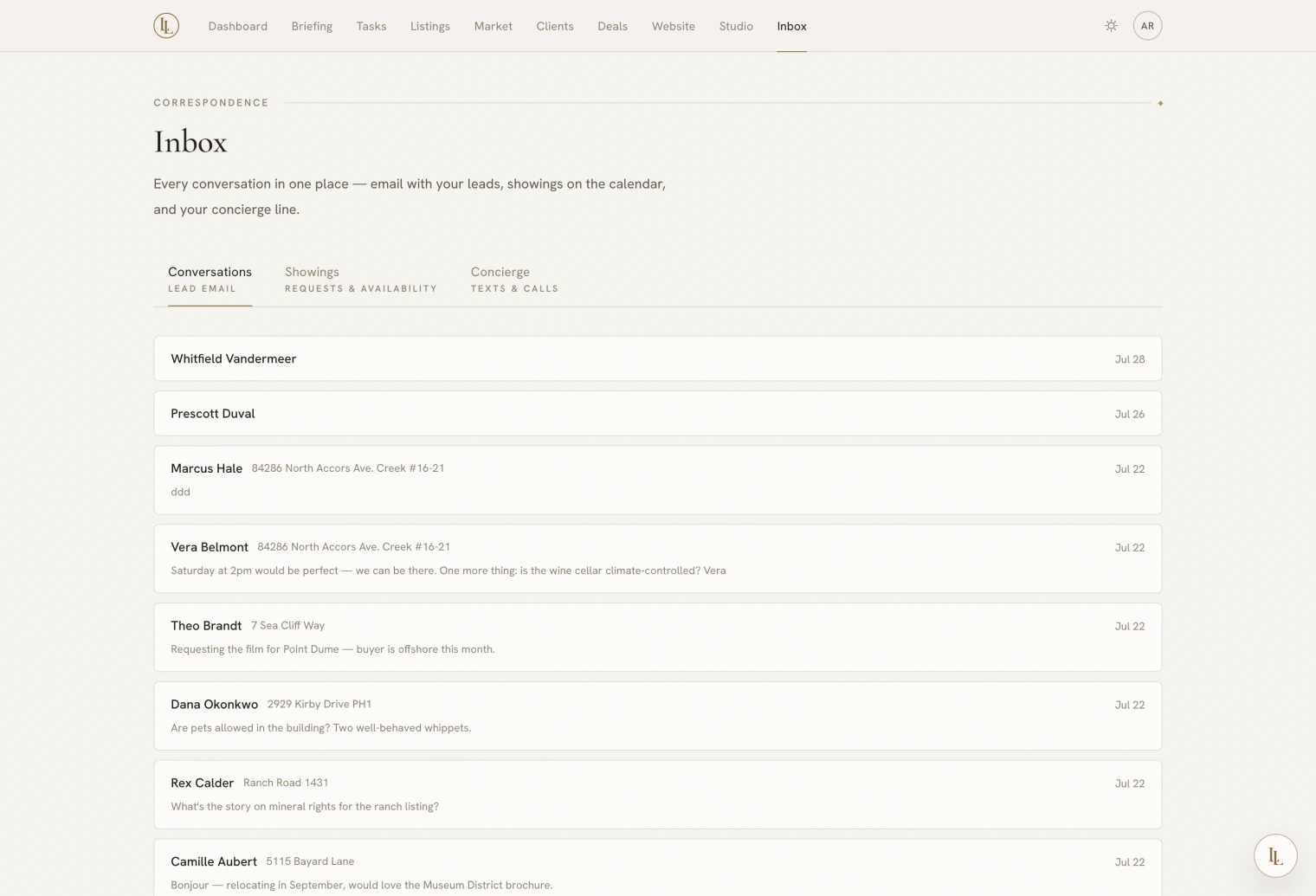 The inbox, listing conversations with their most recent line