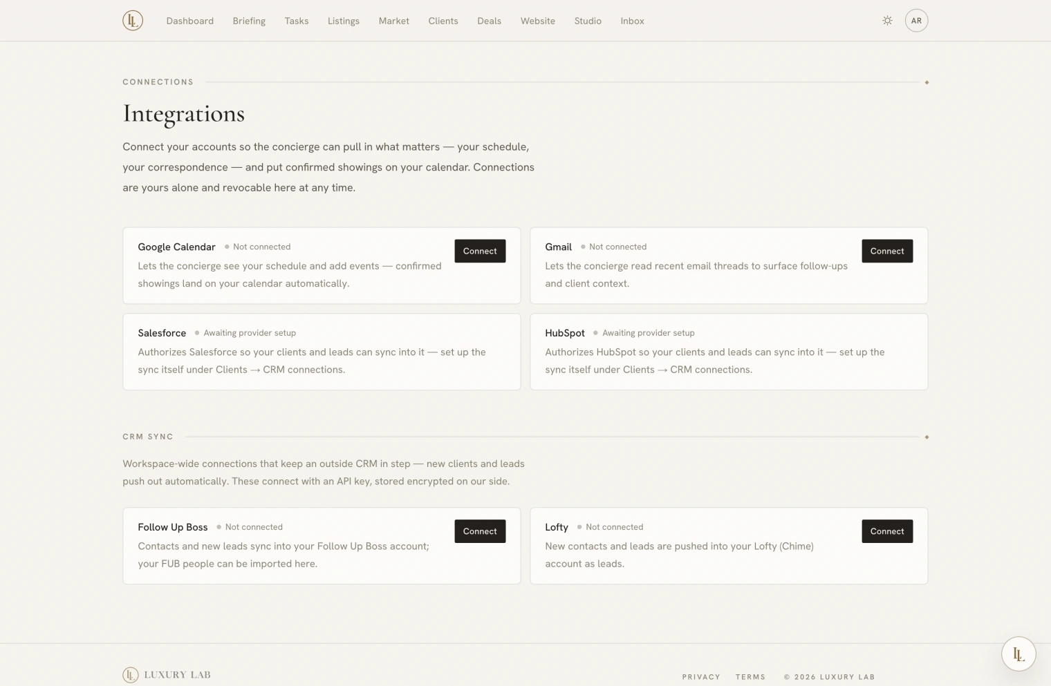 The integrations page, listing the services you can connect