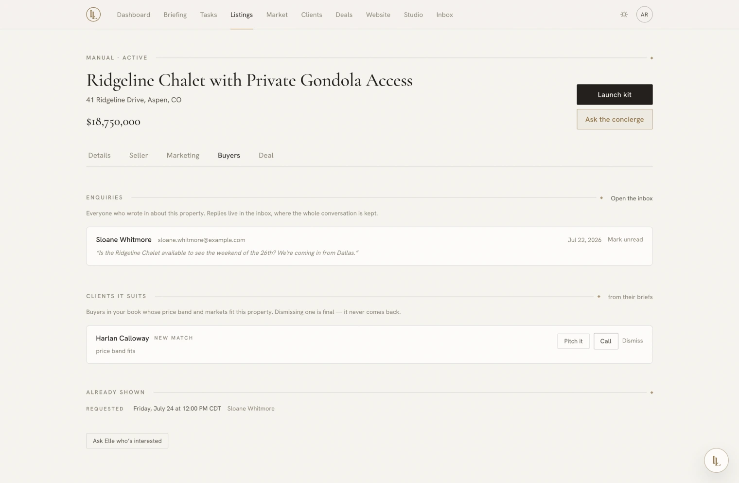 The Buyers tab: page views, enquiries, showings and matched clients