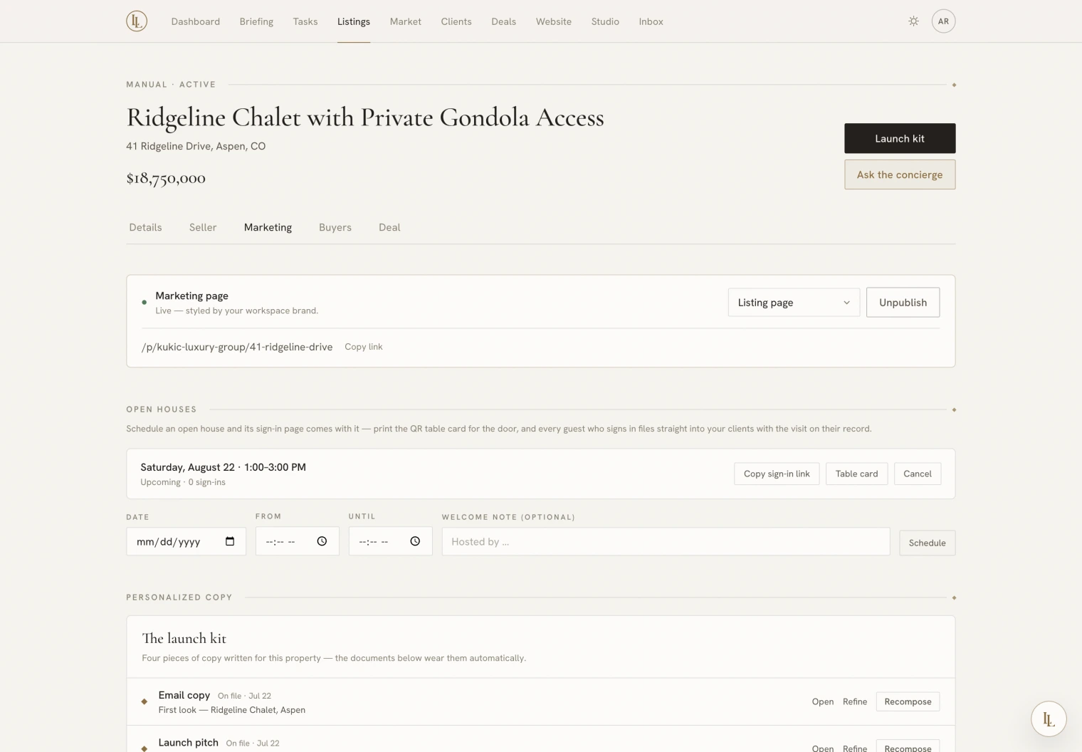 A listing's Marketing tab, showing the five tabs, the publish state and the open house panel