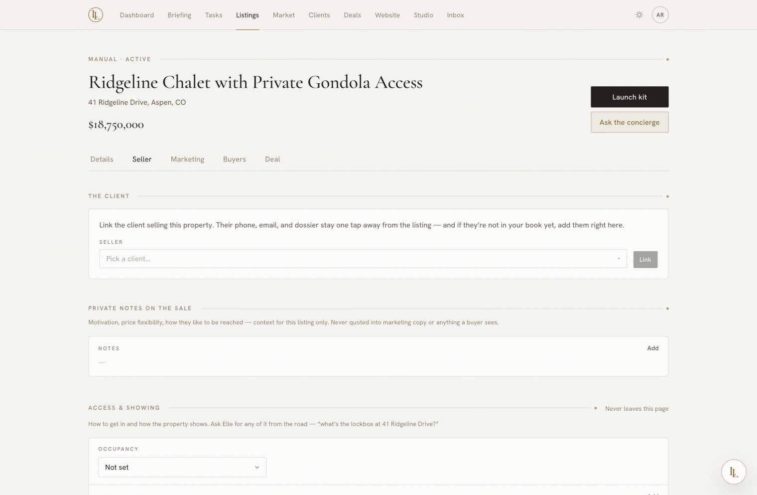 The Seller tab: lockbox and alarm codes, occupancy, and the seller's contact details