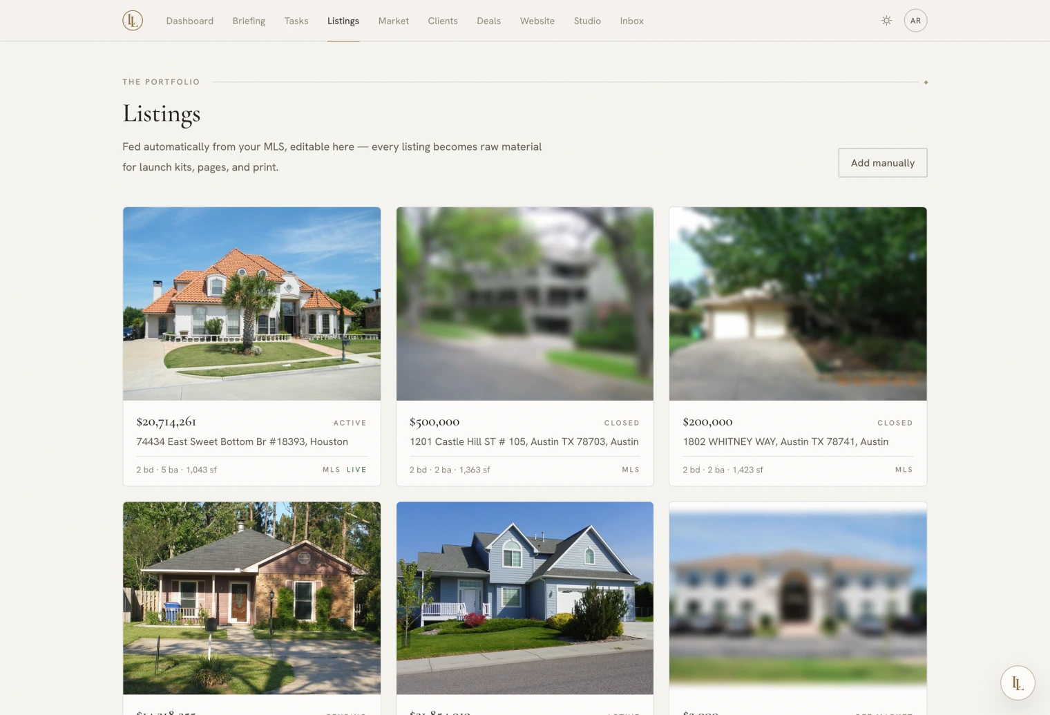 The listings page: a grid of property cards with price, address and status