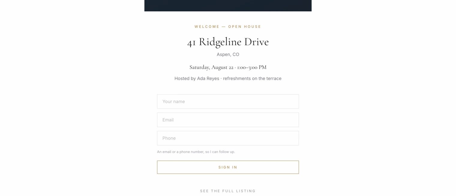 The public open house sign-in page: the address, the date and time, and three fields