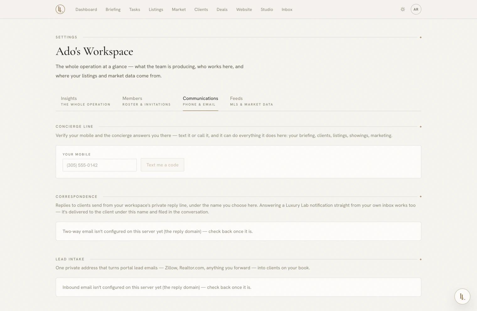 The Communications tab: phone verification, the reply name, briefing cadence and lead intake