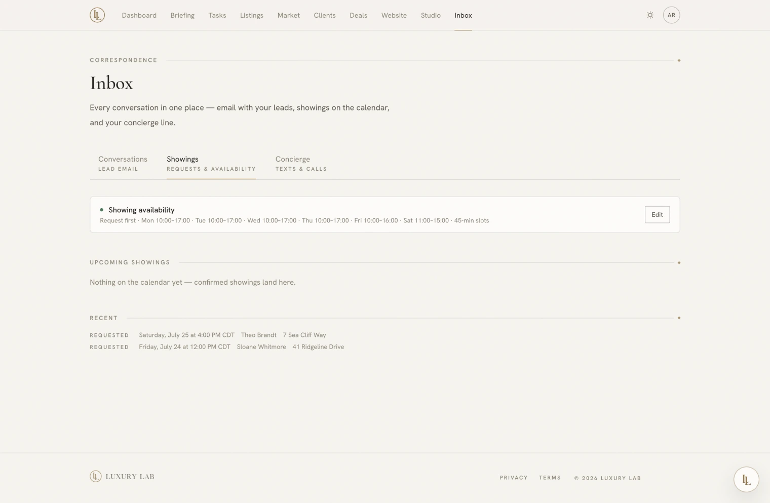 The showings tab: availability, requests waiting, and what is booked