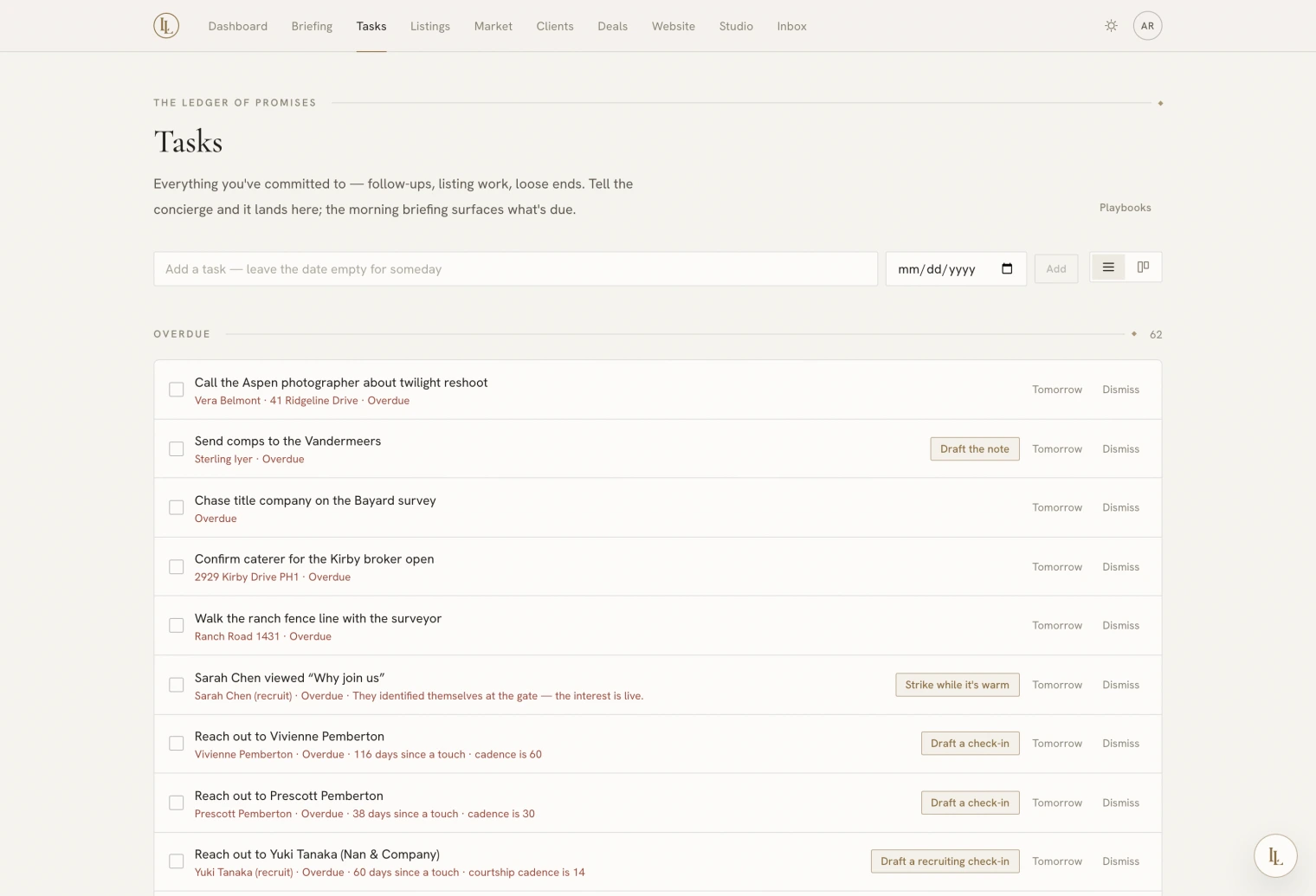 The tasks page in list view, grouped into overdue, today and upcoming