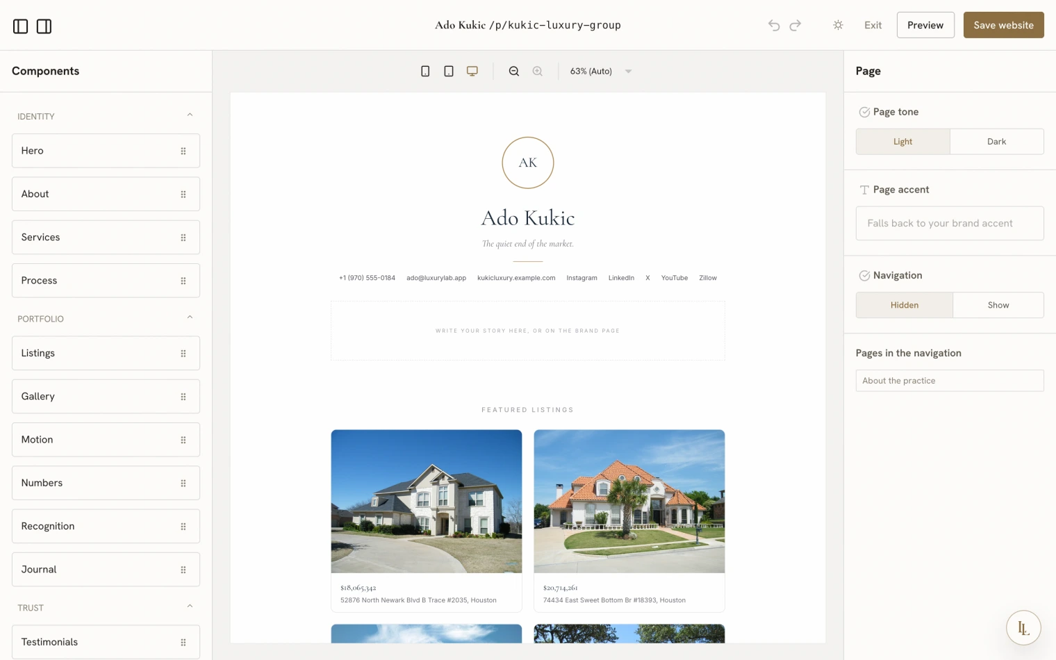 The visual builder: the block catalogue on the left, the page rendering in the middle