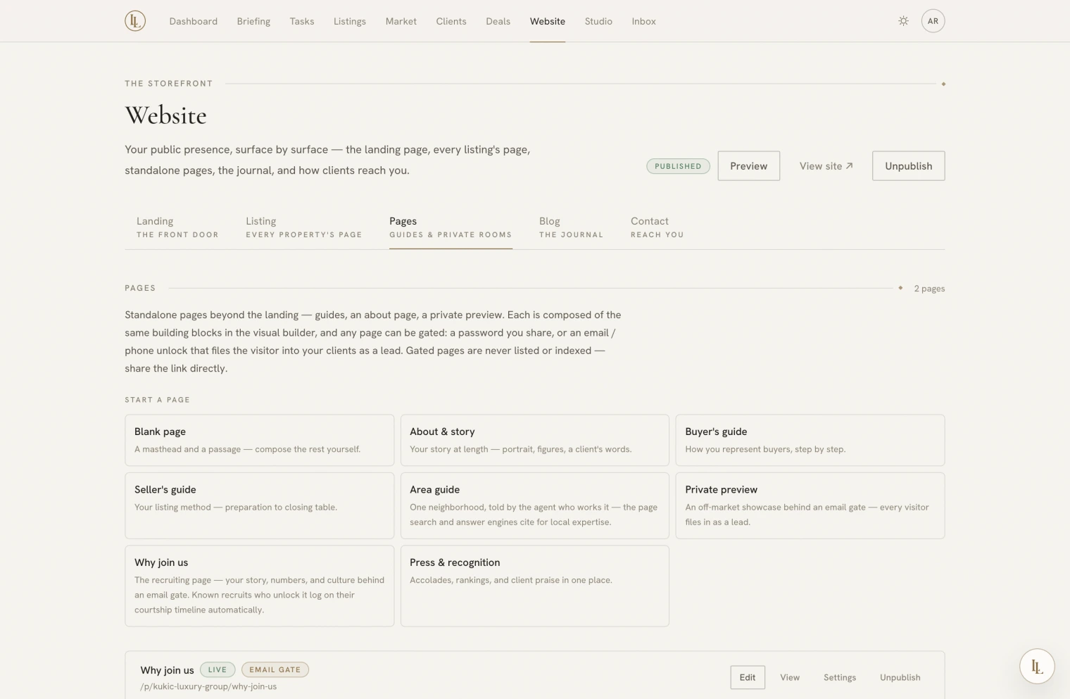 The Pages tab, listing custom pages with their access state