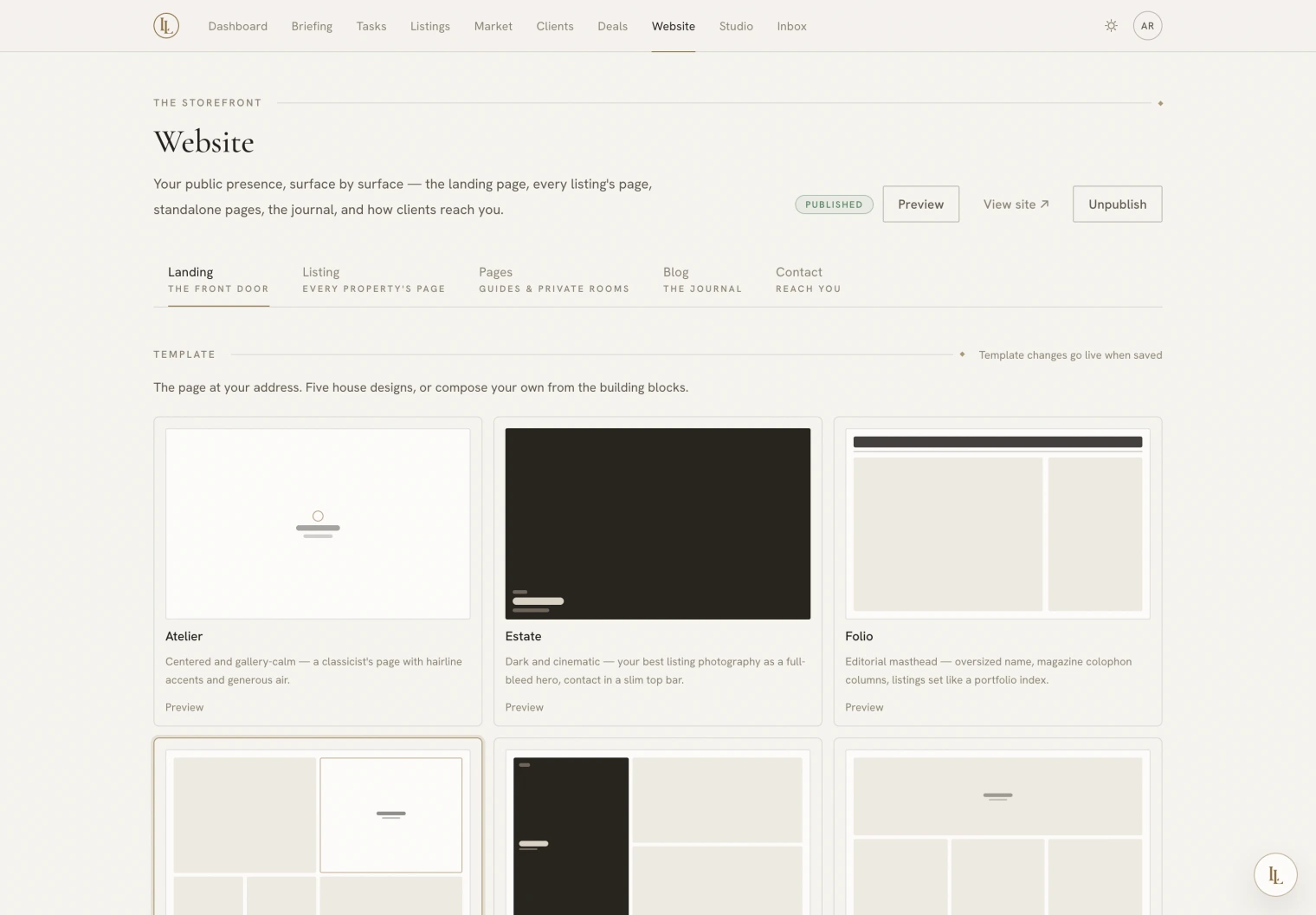 The website hub, on the Landing tab, showing the design rail
